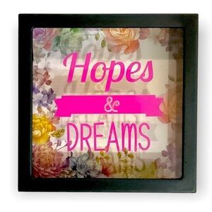 Piggy Bank “Hopes & Dreams “ Square Floral Clear View Front Black Multicolor